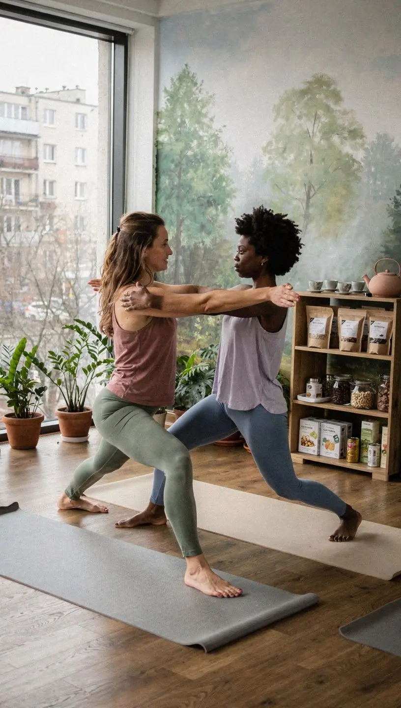 Kobieta praktykująca jogę na tle zdrowych potraw, takich jak sałatki i owoce.