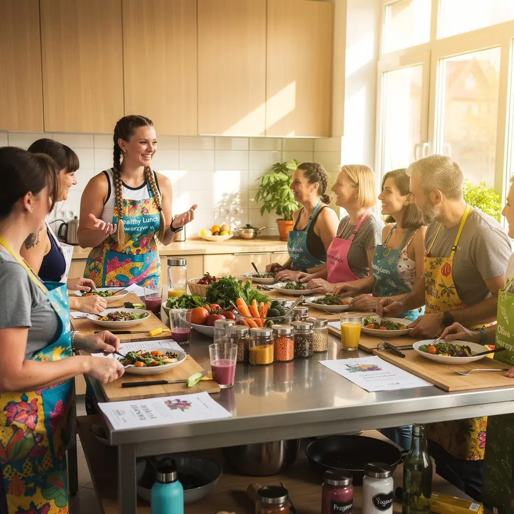 Kobieta przygotowująca zdrowy posiłek w kuchni, otoczona przyprawami i ziołami.