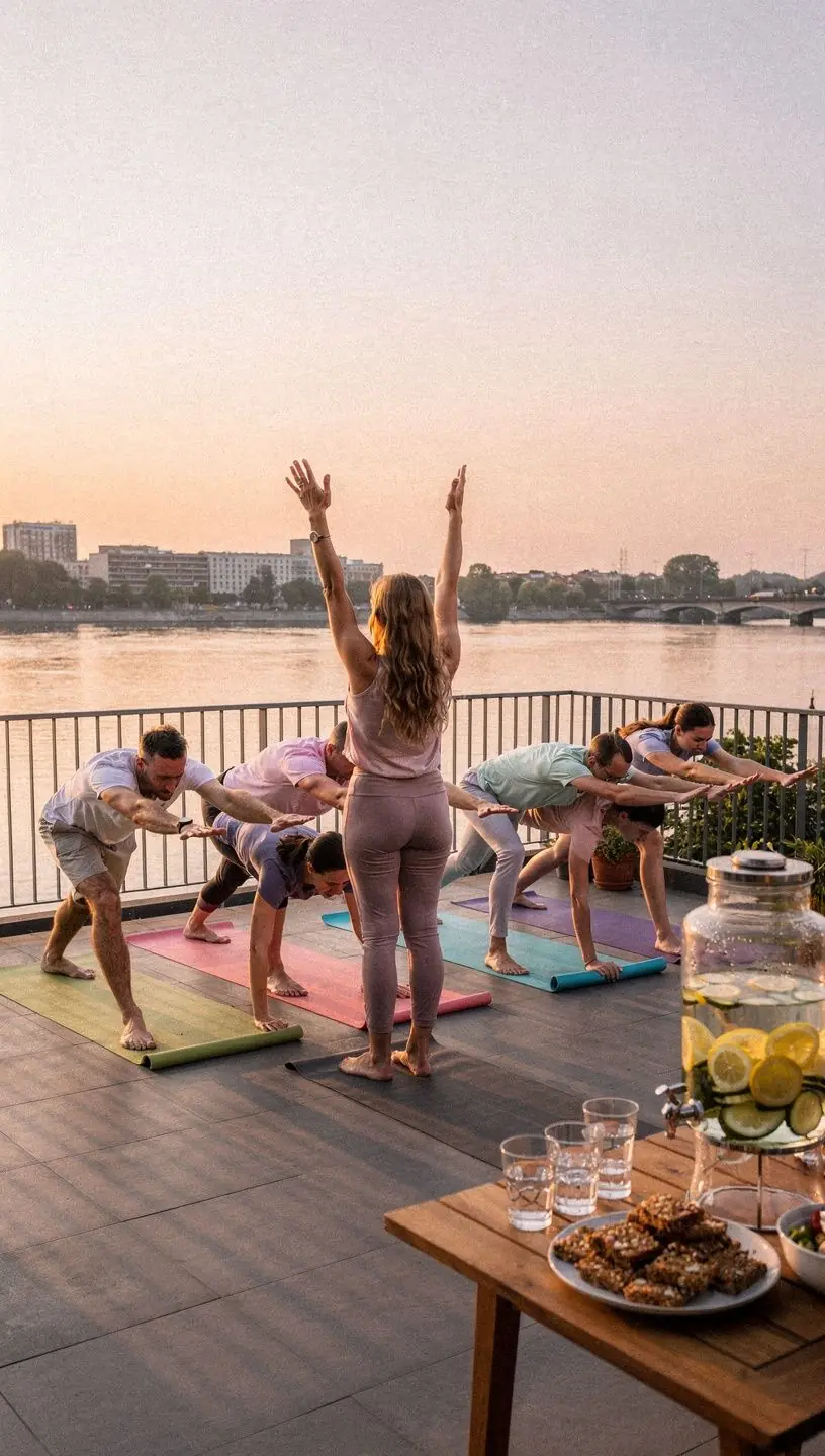 Mężczyzna medytujący na tle zachodu słońca, z talerzem zdrowej żywności obok.