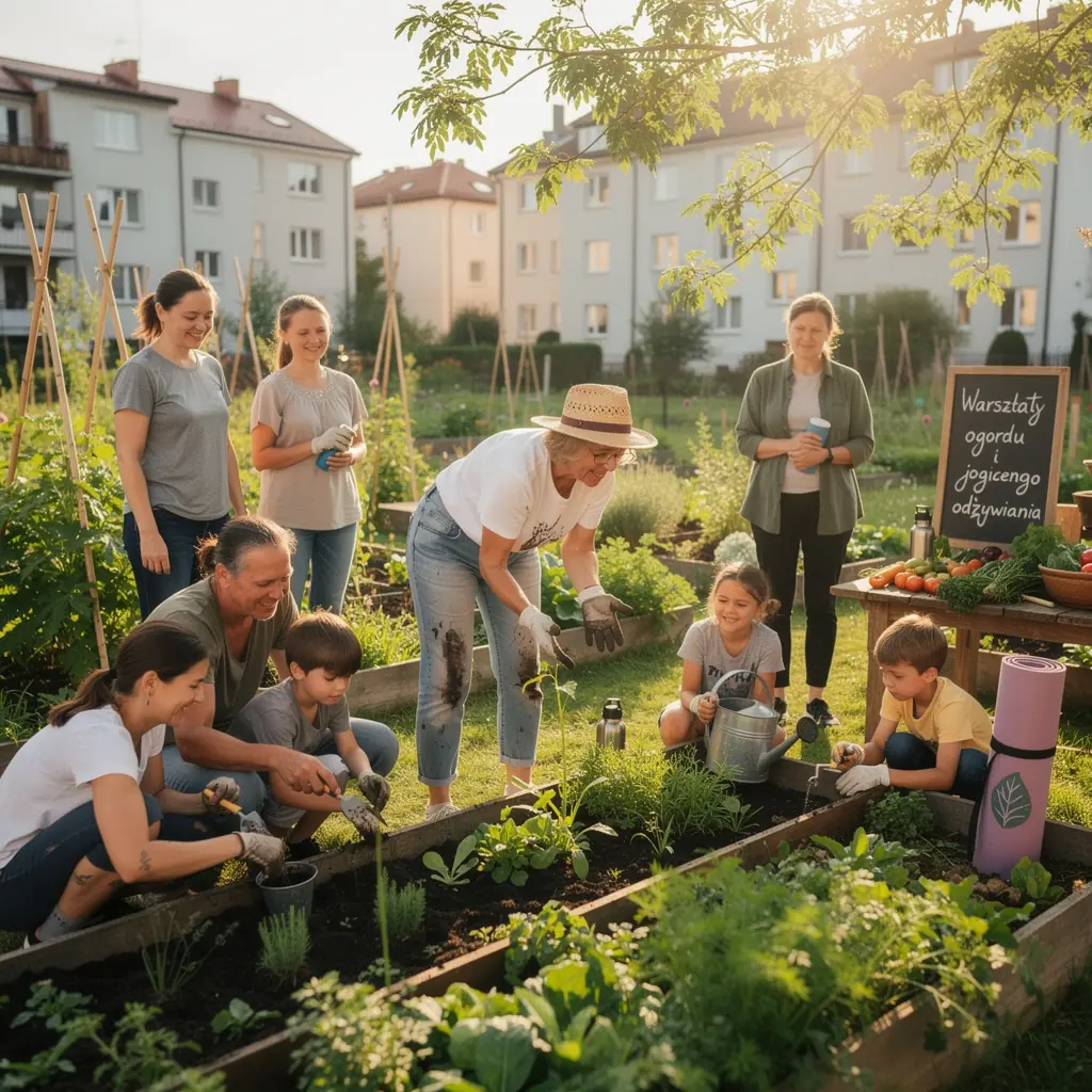 Kobieta przygotowująca zdrowy posiłek w kuchni, otoczona przyprawami i ziołami.