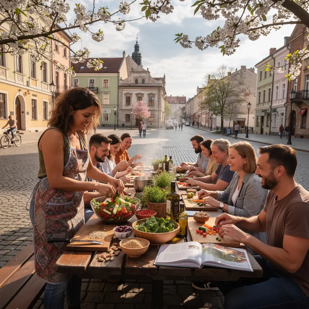 Kobieta przygotowująca zdrowy posiłek w kuchni, otoczona przyprawami i ziołami.