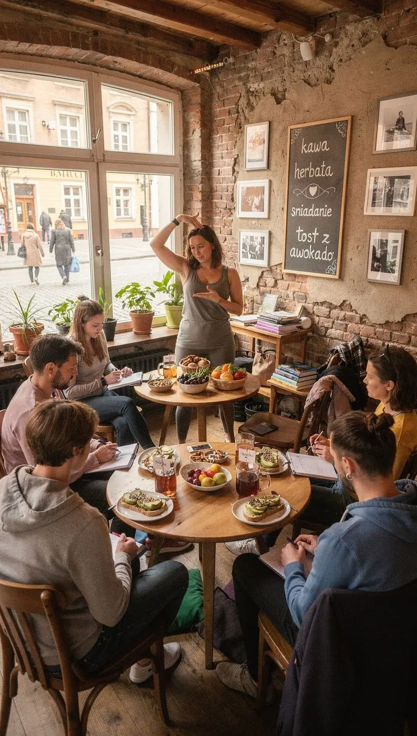 Zdjęcie jogina wykonującego asanę w otoczeniu świeżych owoców i warzyw.